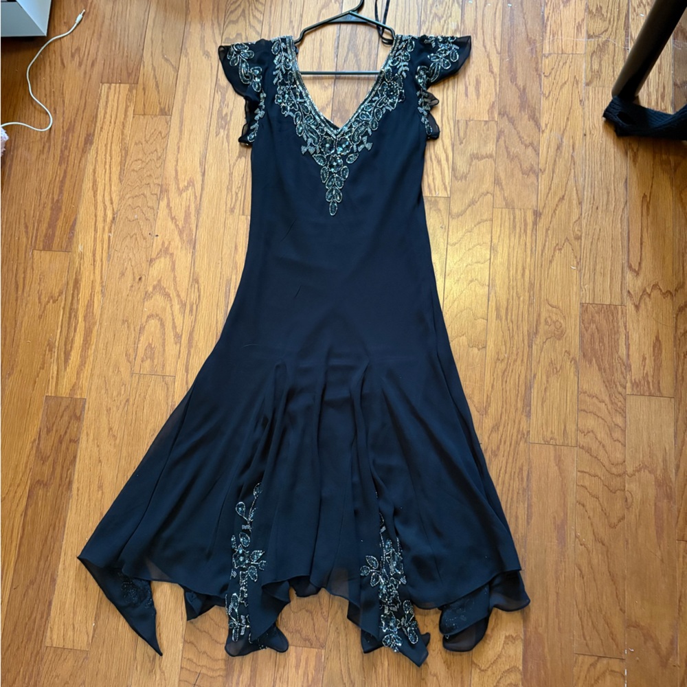 Jkara Elegant Black Embroidered beaded mesh asymmetrical hem fairy goth Dress